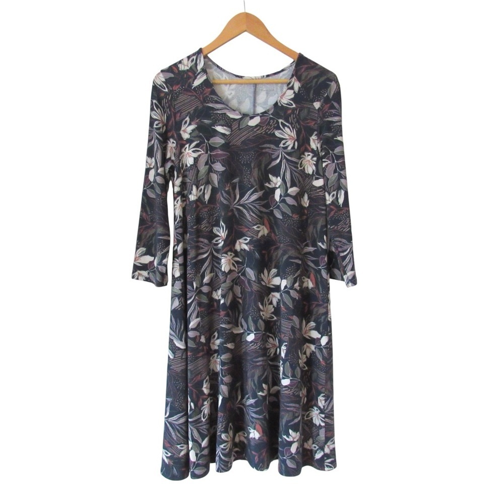 Garnet Hill Seamed Knit Trapeze Dress Small Floral Navy Blue Scoop Neck Boho